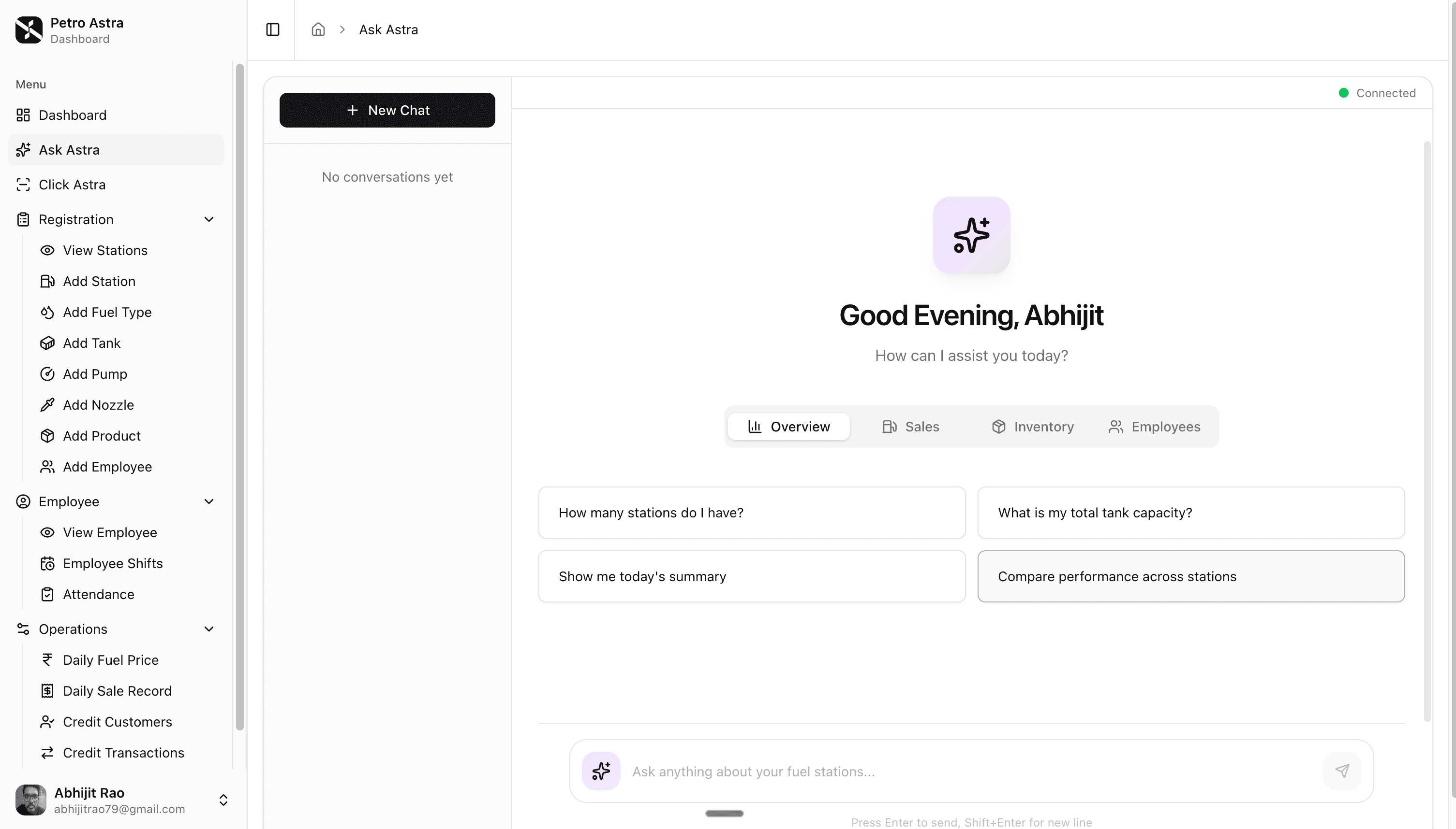 Ask Astra — AI chat interface with natural language query and chart response