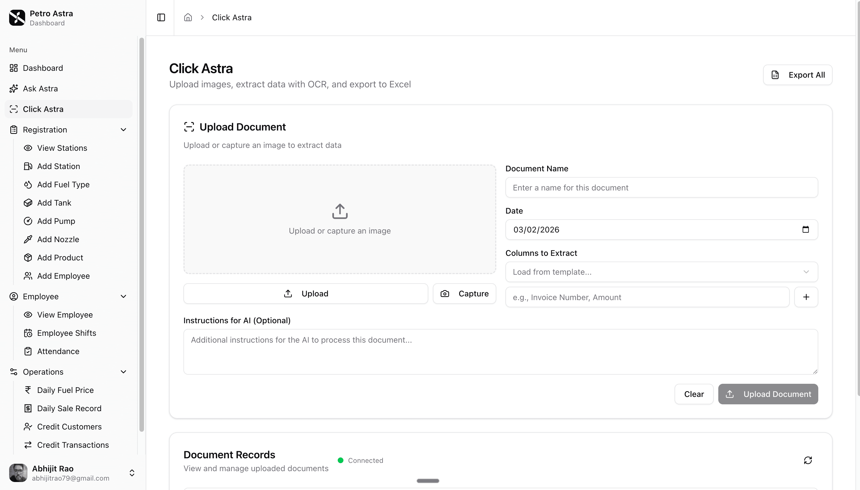 Click Astra — Invoice image with extracted data table