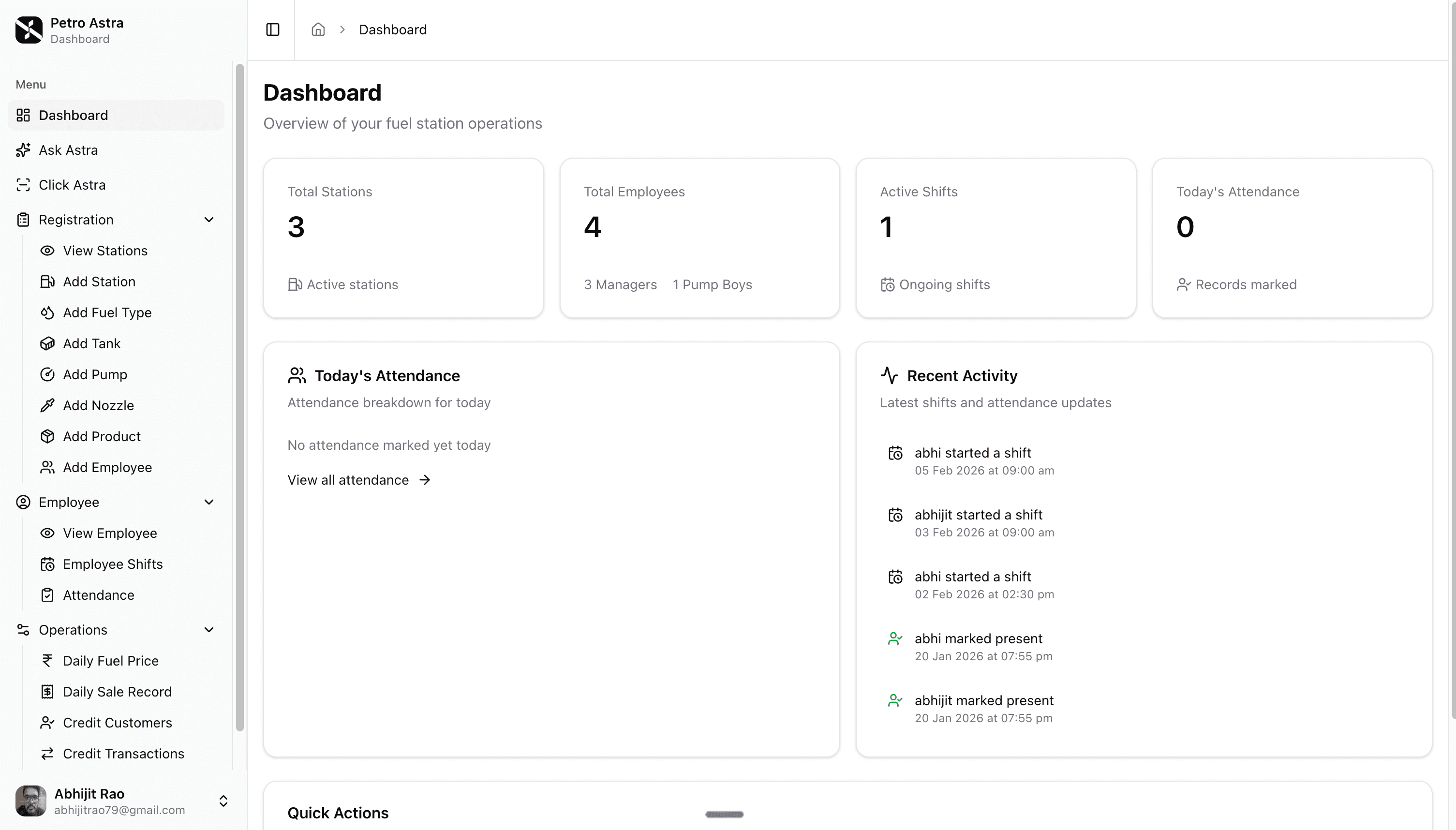 Petro Astra Dashboard — Multi-station stats, attendance breakdown, recent activity