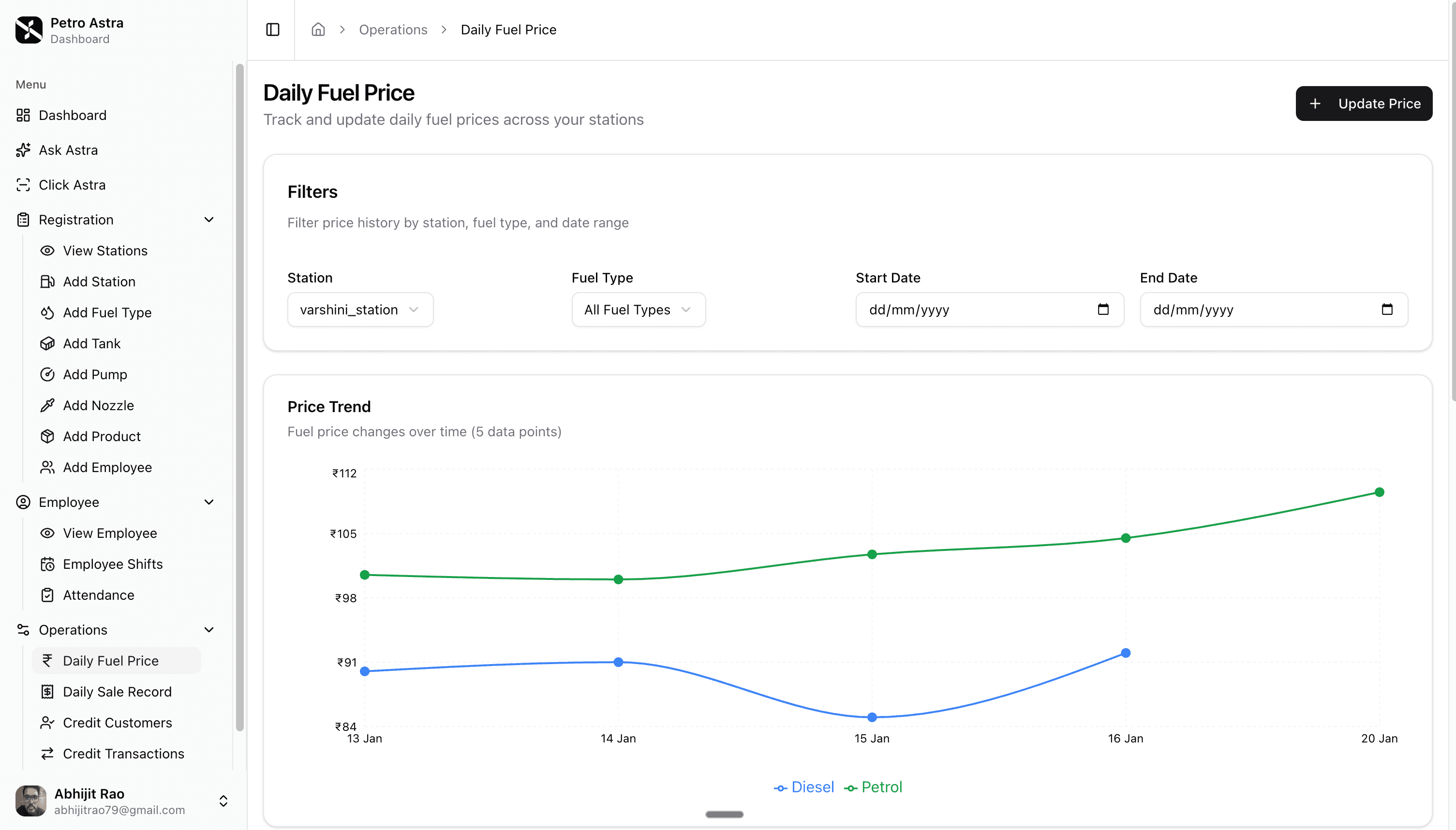 Operations — Shifts and attendance with tabs, color-coded statuses, and filters